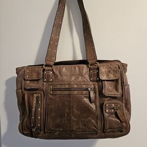 Danier Brown Leather Messenger Tote with Studded Straps
